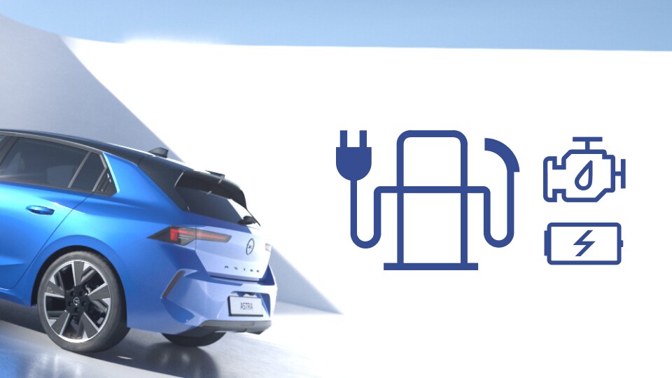 Vista laterale posteriore di Opel Astra blu in versione plug-in hybrid