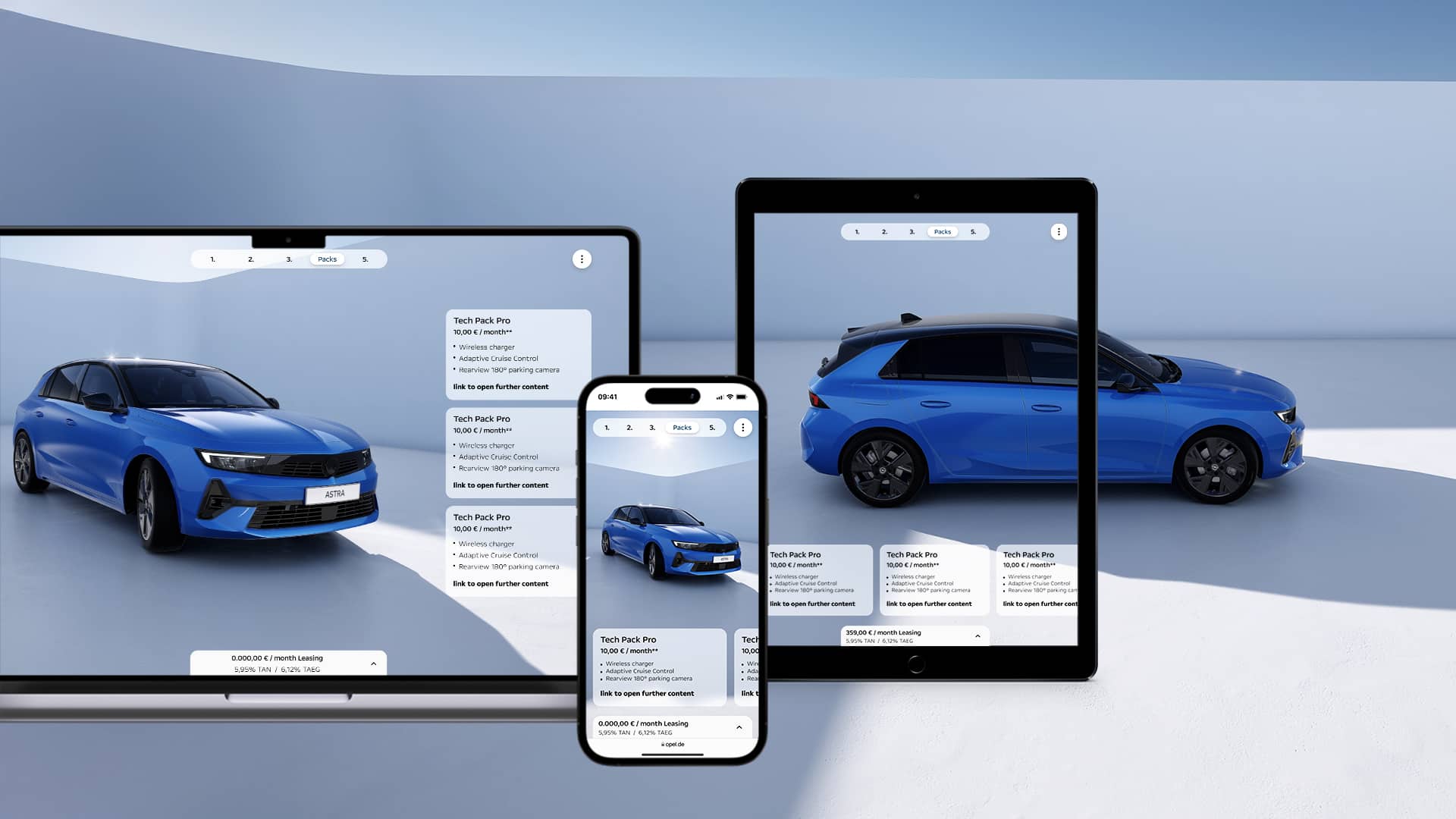 Vista da Macbook, Iphone e Ipad della schermata di configurazione online di Opel Astra blu